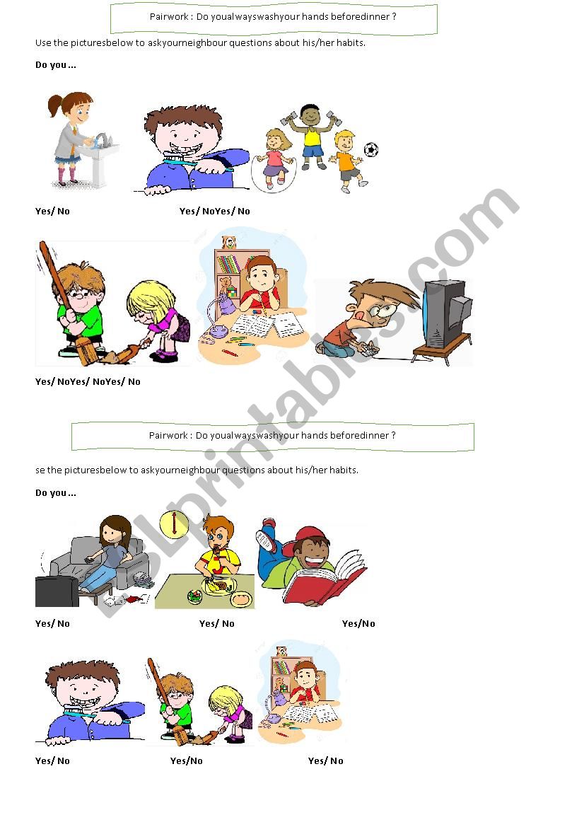 Daily habits pairwork worksheet