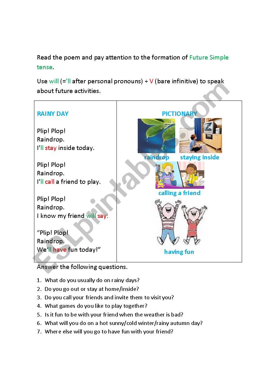 RAINY DAY (a poem) worksheet