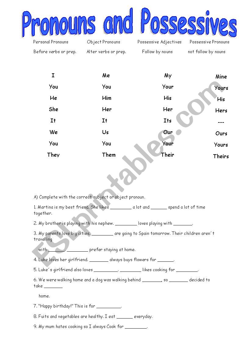 Pronouns and Possessives worksheet