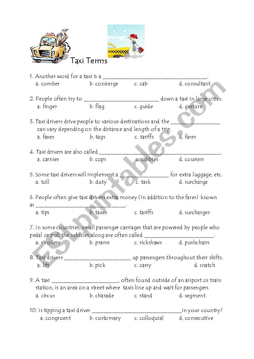 TAXI TERMS worksheet