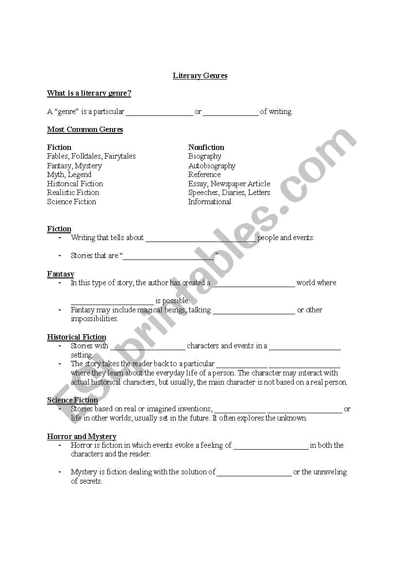 Literary Genres Cloze Notes worksheet
