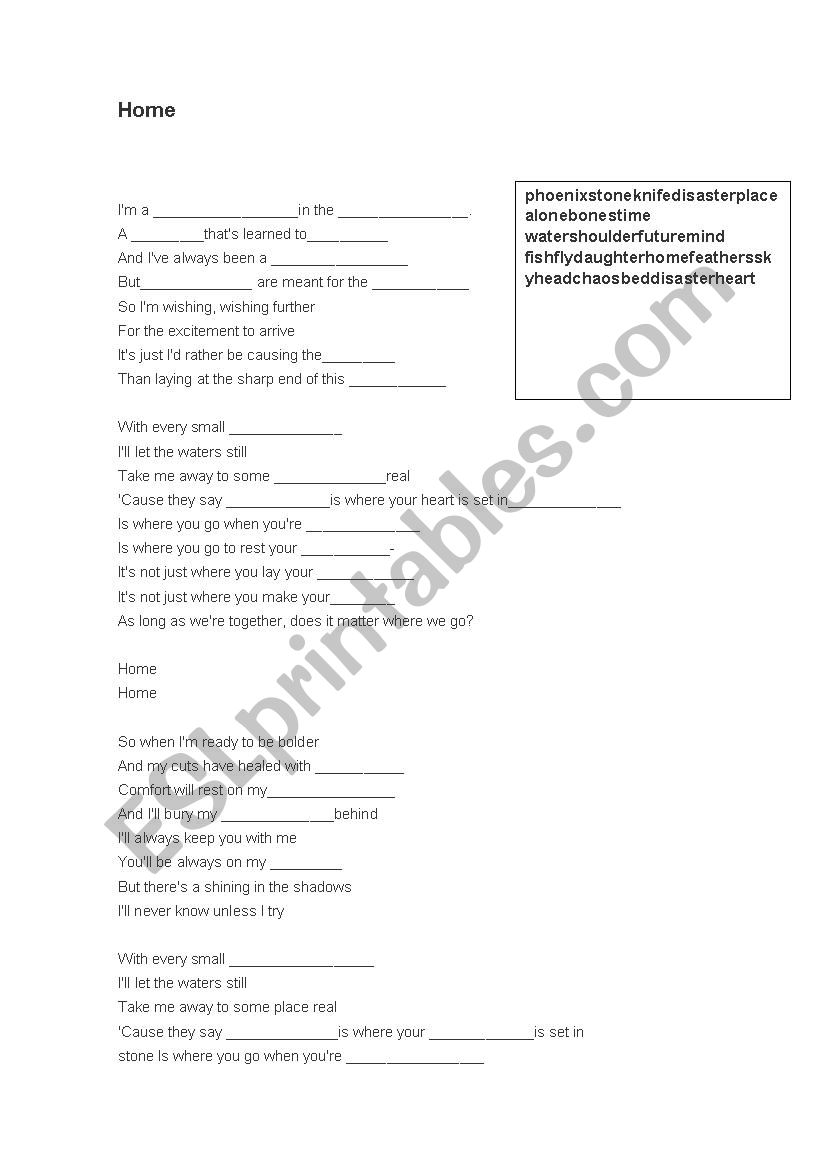 Home Song  worksheet