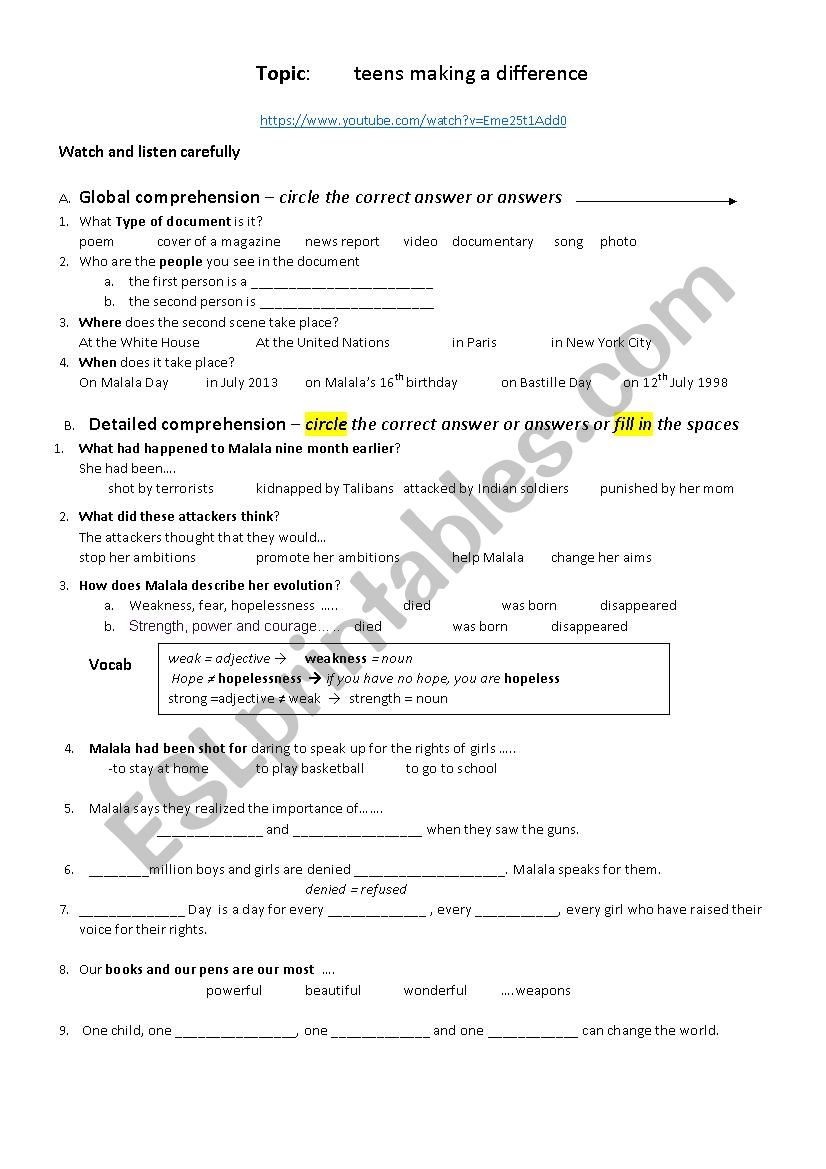 Malala UN speech worksheet