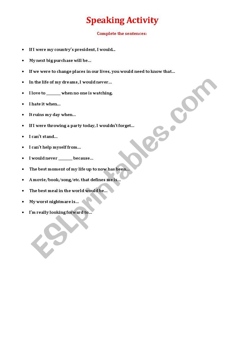 Complete The Sentences - INT worksheet