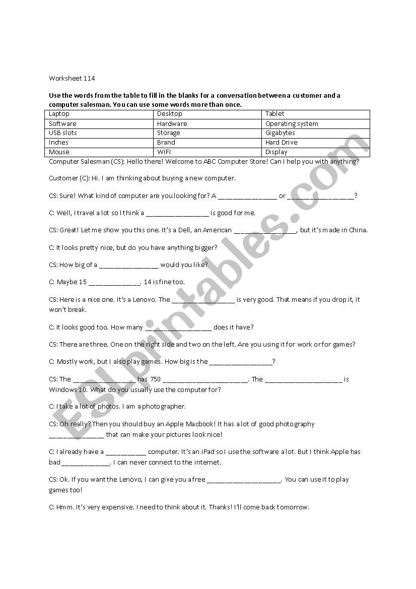 Buying a Computer worksheet