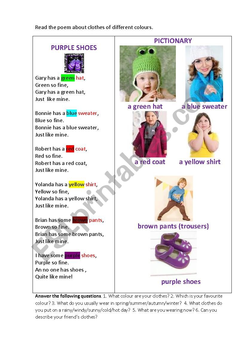 PURPLE SHOES (a poem) worksheet