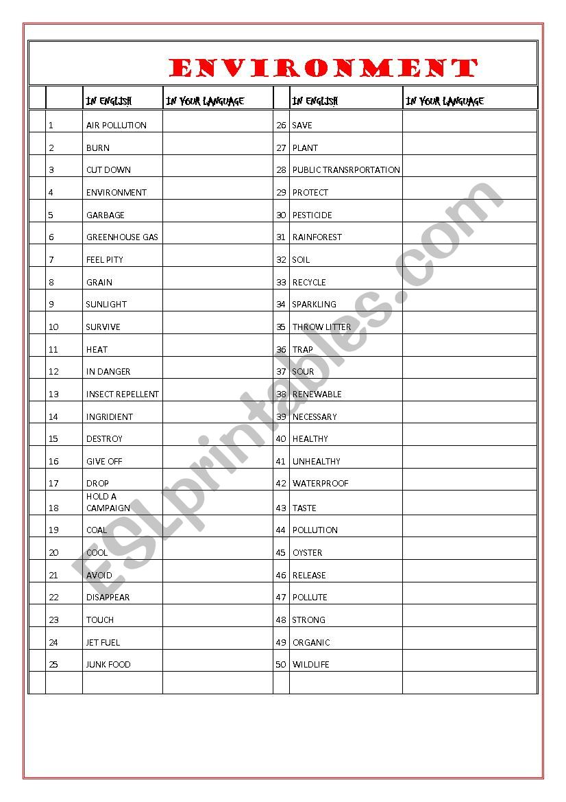 ENVIRONMENT worksheet