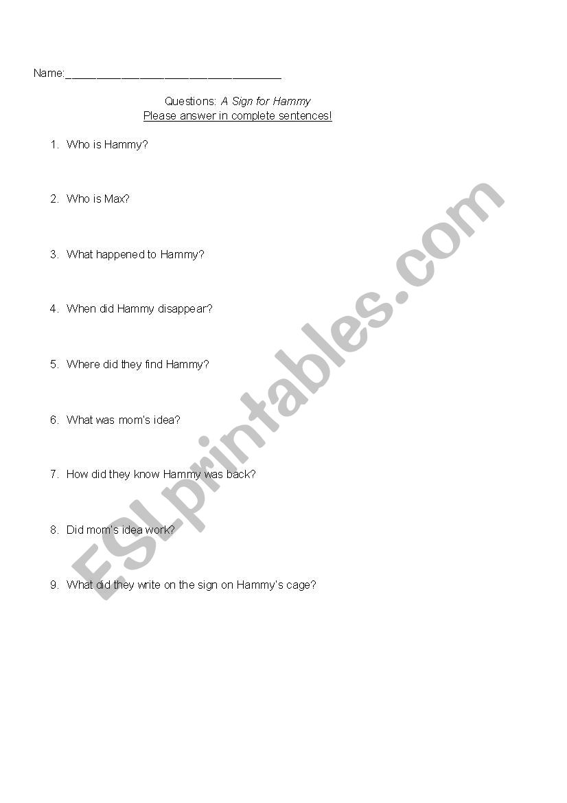 Questions: A Sign for Hammy worksheet