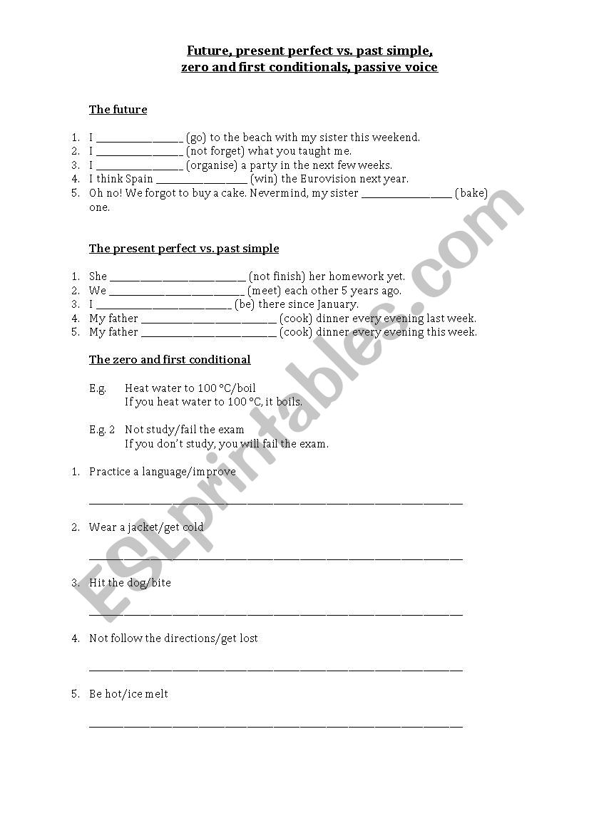 Future, present perfect vs. past simple, zero and first conditionals, passive voice
