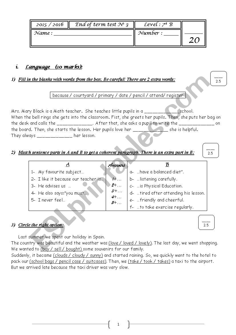 end of term test 3 7th formers (language+writing)