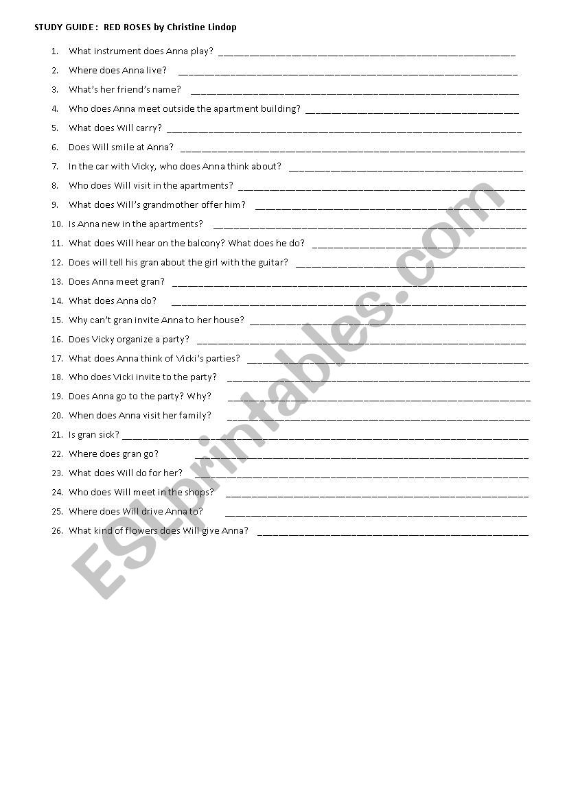 RED ROSES STUDY SHEET worksheet