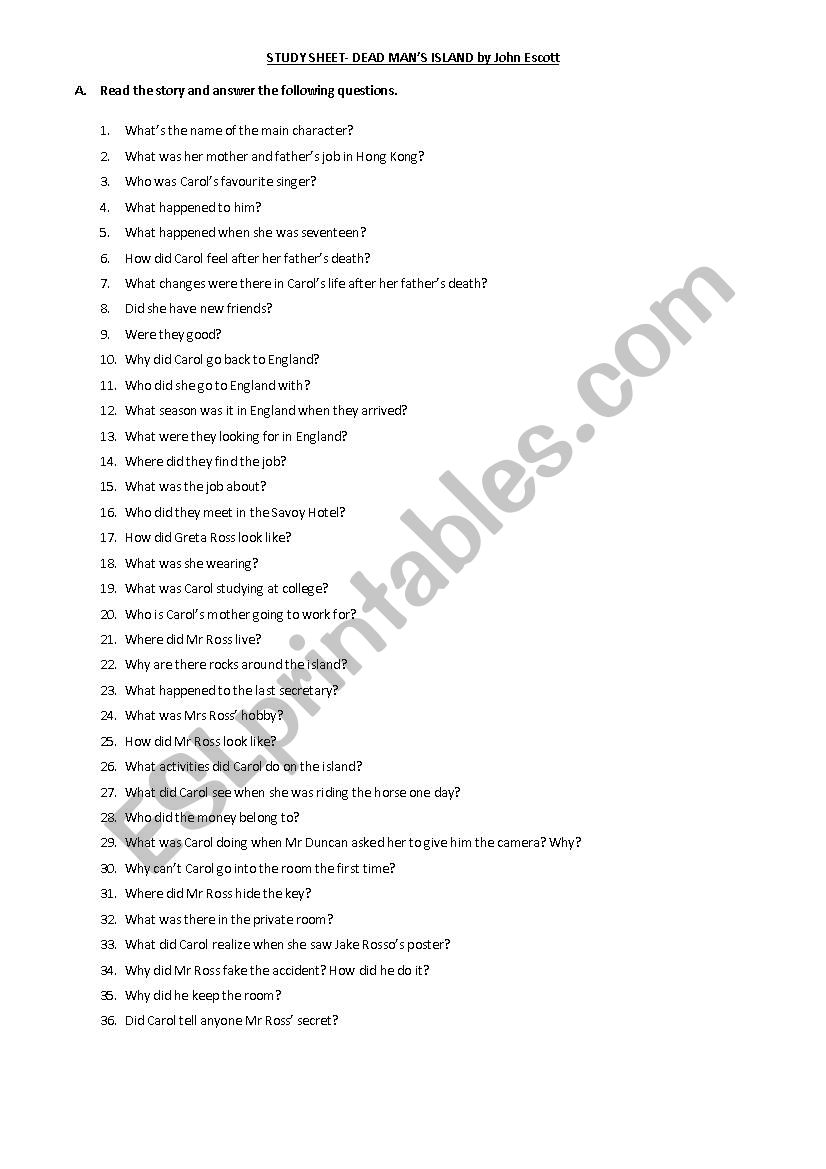 DEAD MANS ISLAND WORKSHEET worksheet