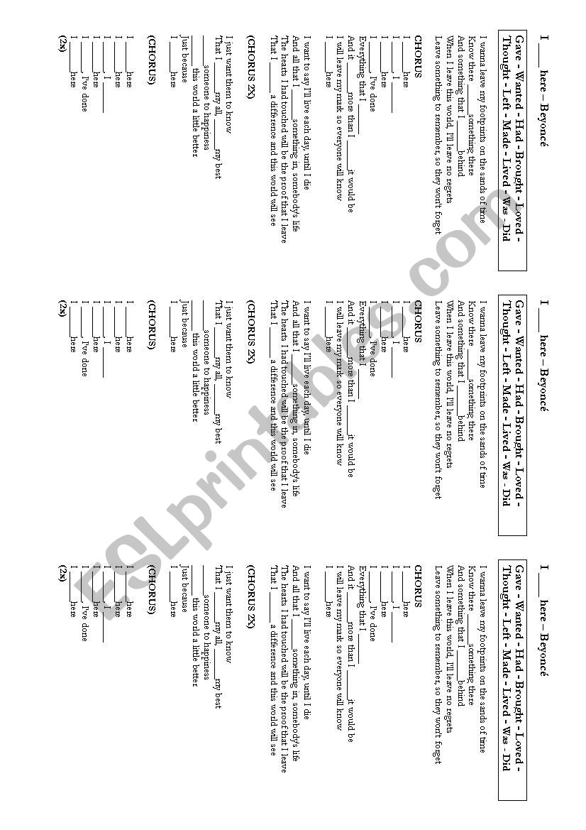 I was here - Beyonc (Simple Past Song worksheet)