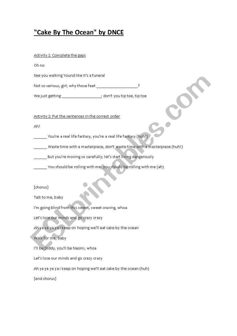 Cake by the Ocean song worksheet