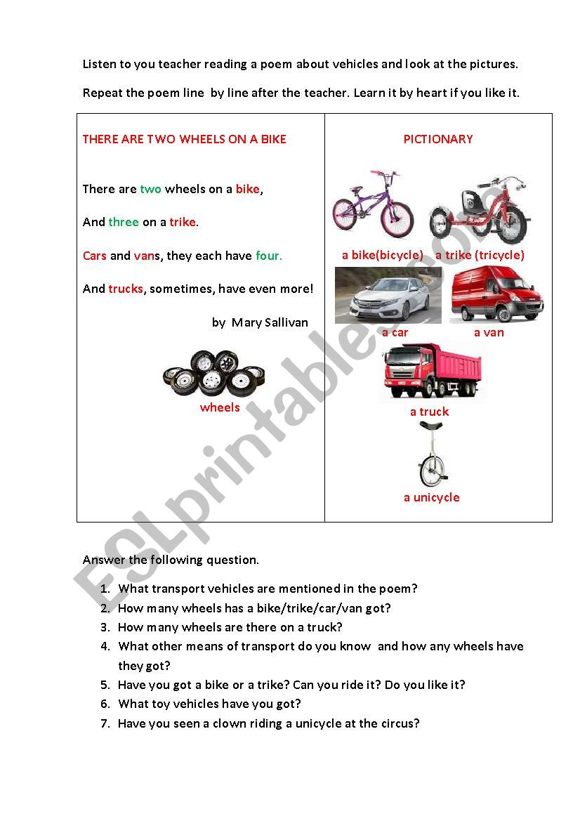 THERE ARE TWO WHEELS (a poem) worksheet