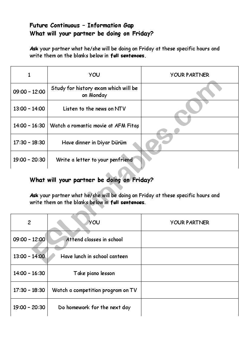 future continuous information gap activity