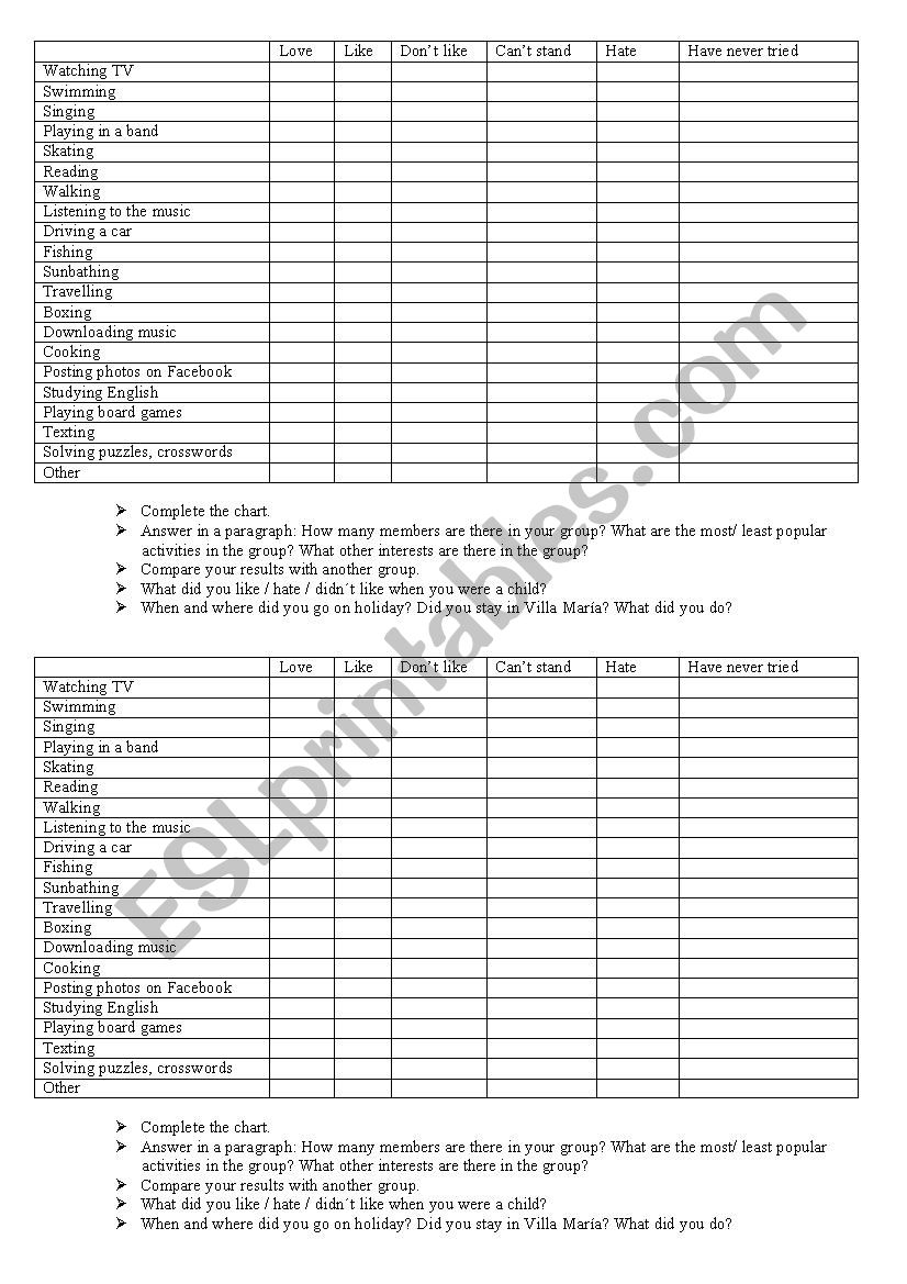 LIKES AND DISLIKES worksheet