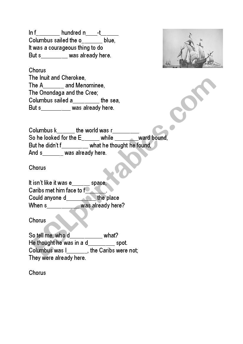 Columbus Song worksheet