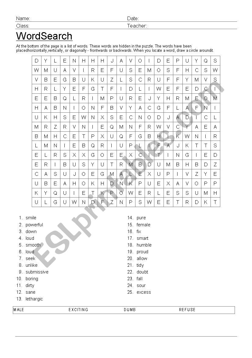 Antonyms word search worksheet