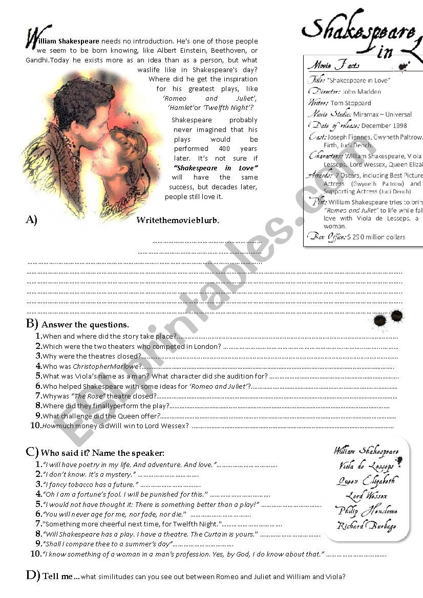 Shakespeare in Love worksheet