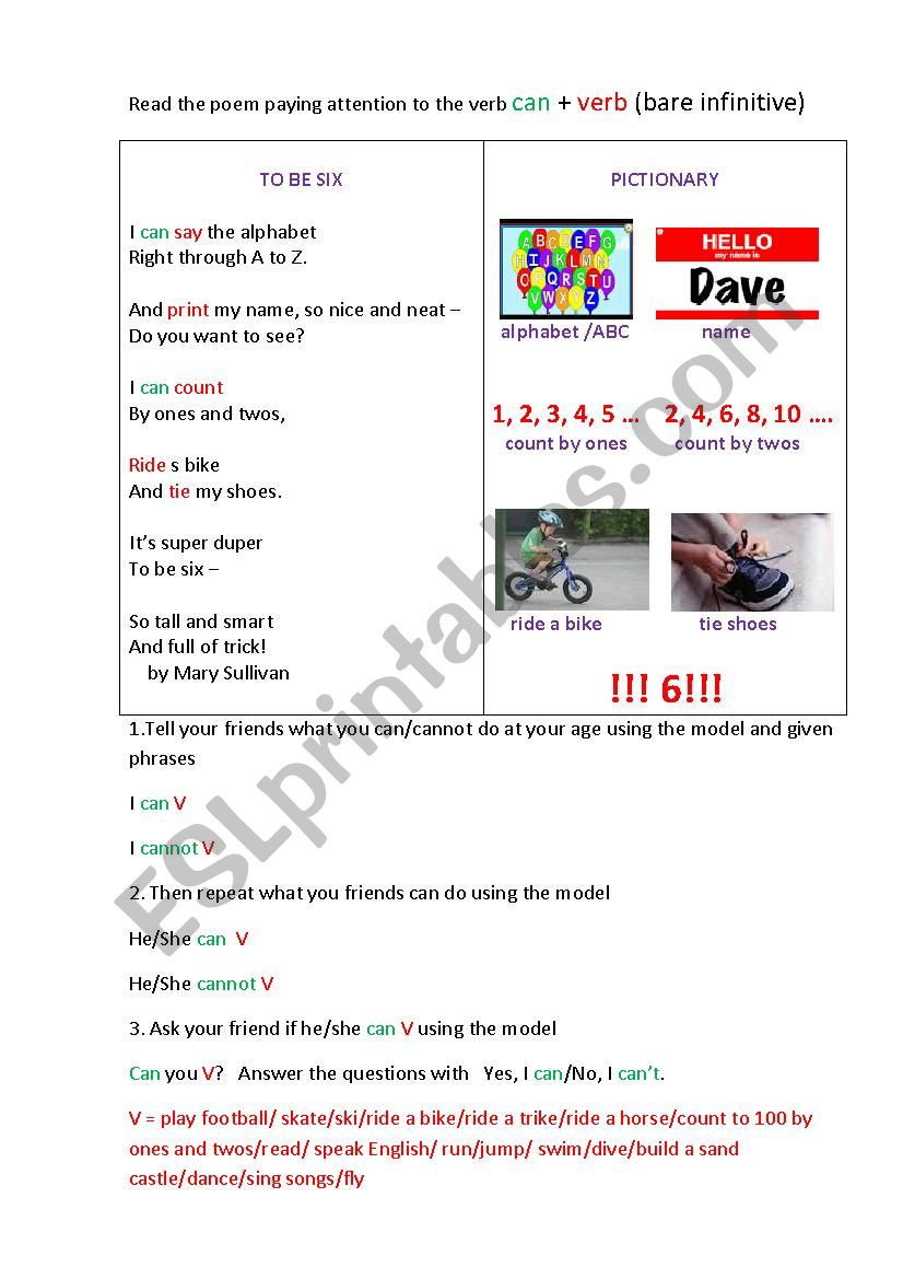 TO BE SIX (a poem) worksheet
