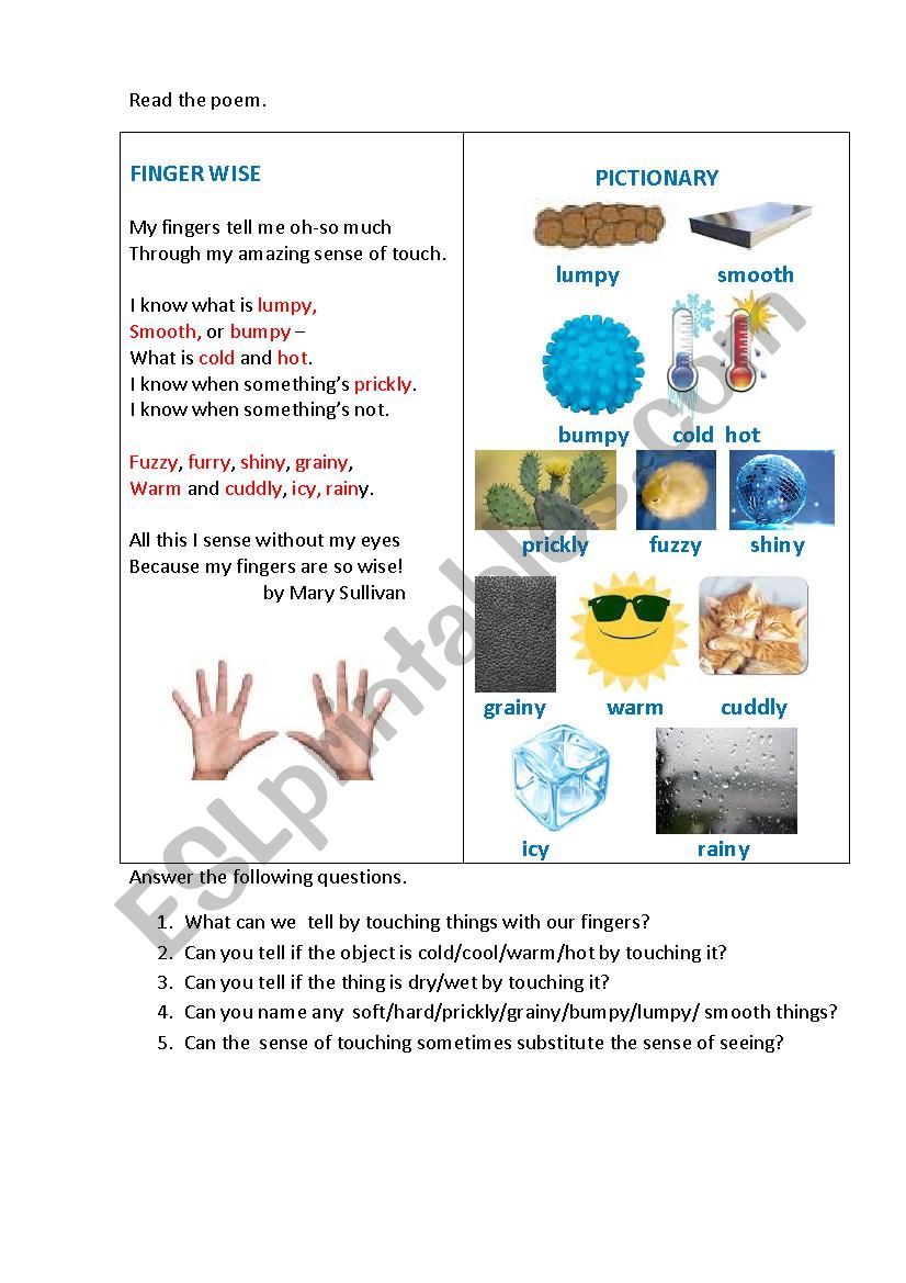 FINGER WISE (a poem) worksheet