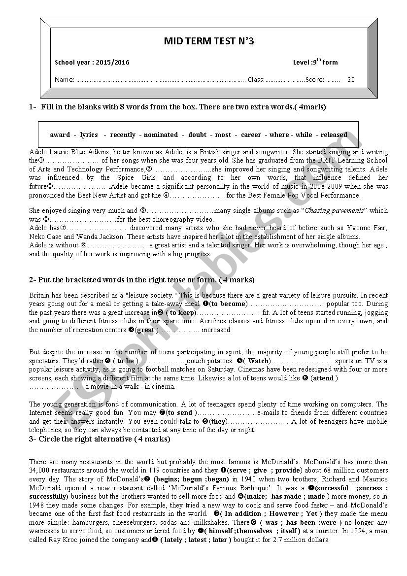 mid term test n 3 9th formers 