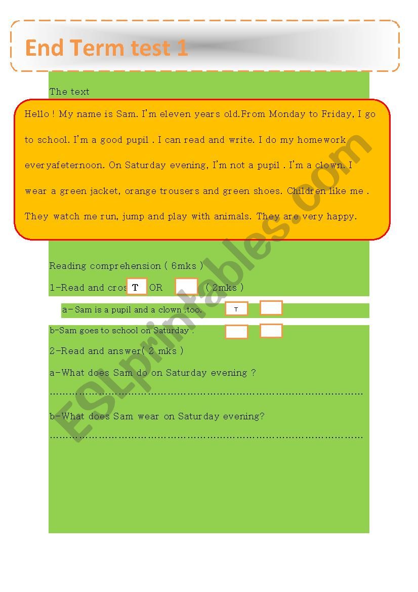 end term test worksheet