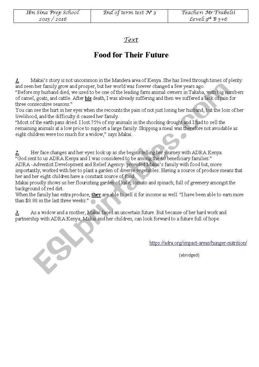 end of term test 3 (9th formers)