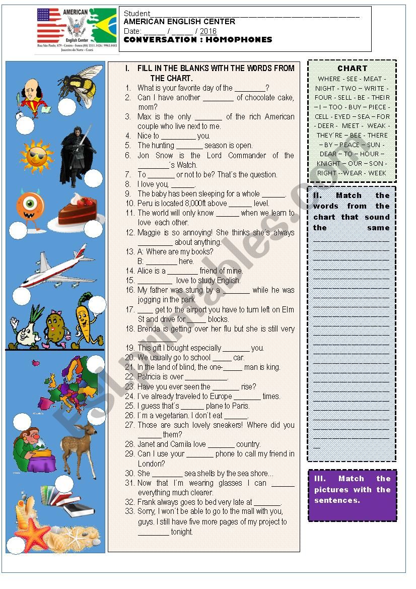 Homophones Practice worksheet