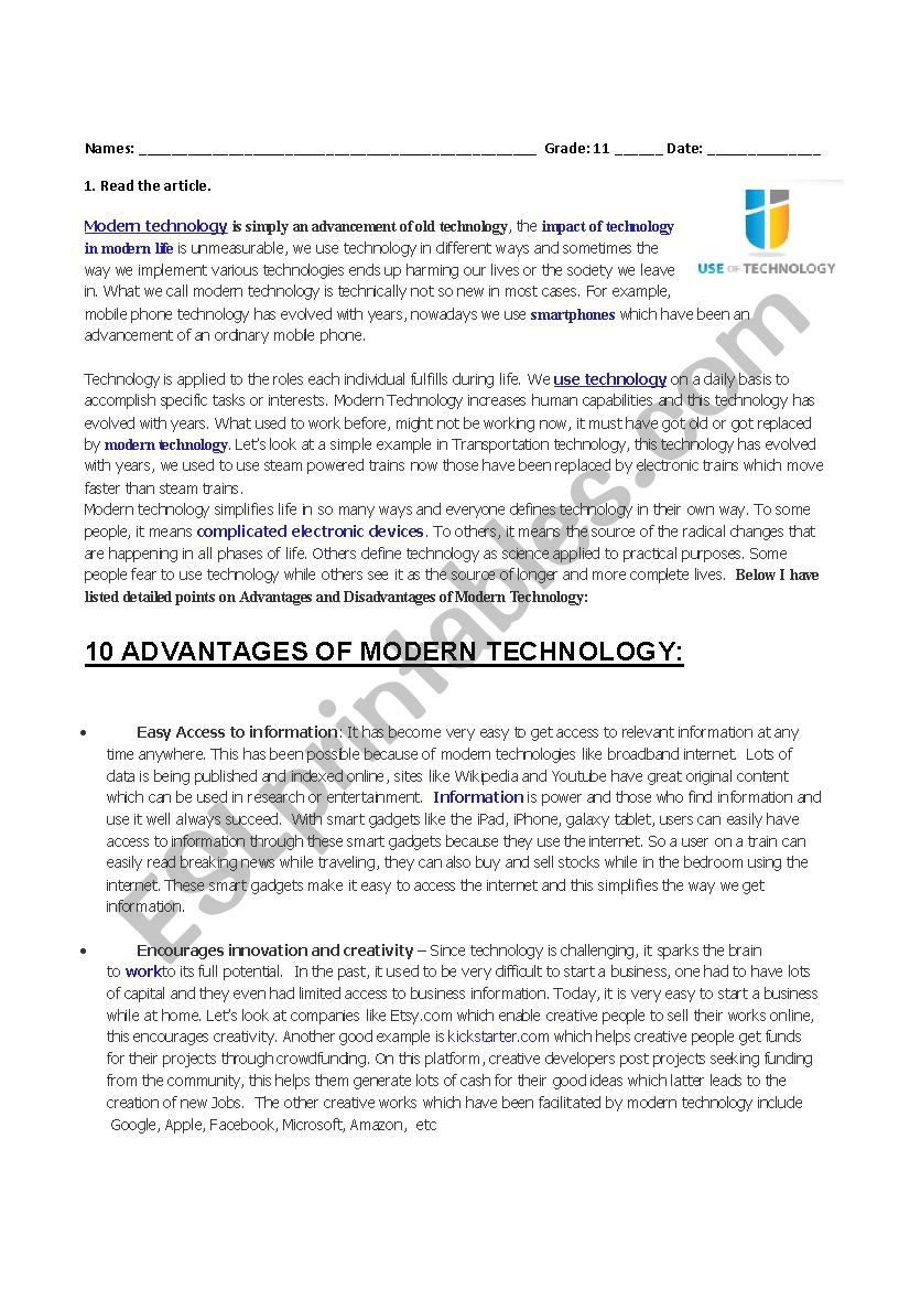 Technology  worksheet