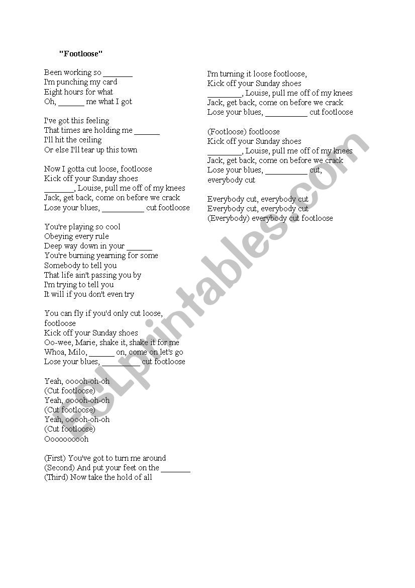 Footloose Fill in the gaps worksheet