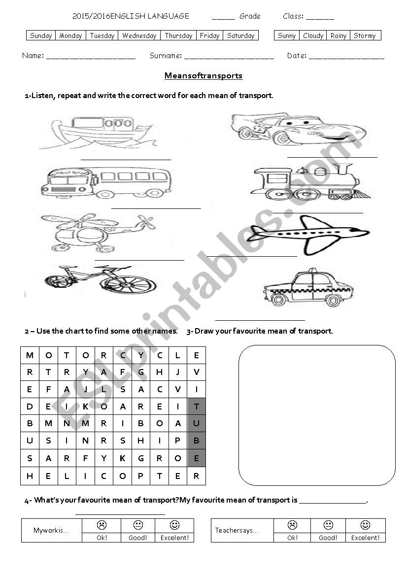 Means of transports worksheet