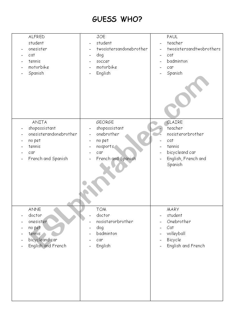 Guess Who Game-Simple Present Tense