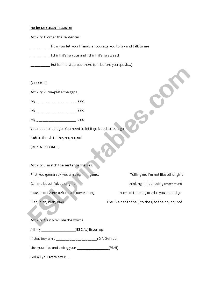 No by Meghan Trainor worksheet