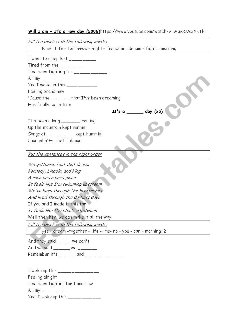 Will I Am - Its a new day worksheet