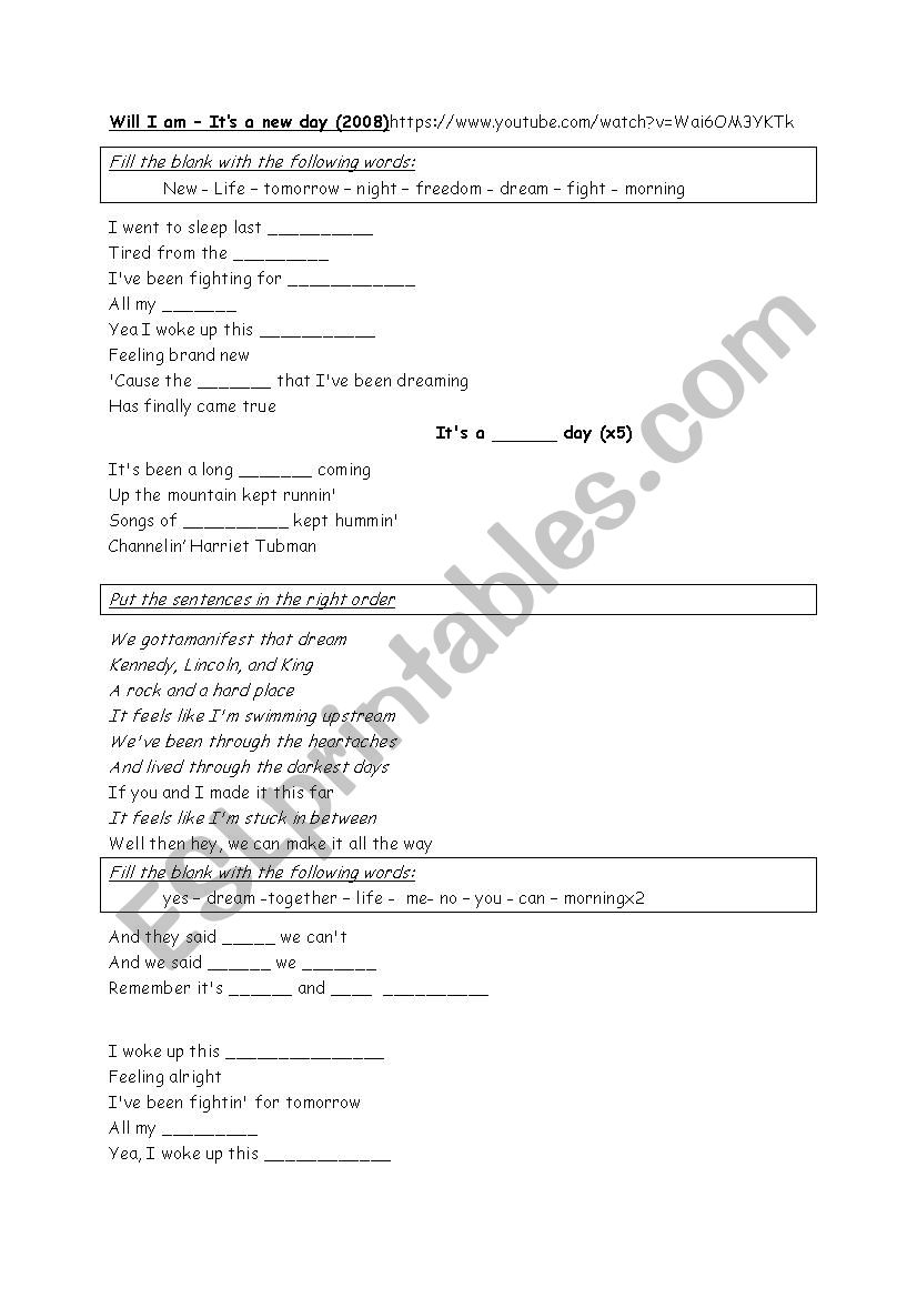 Will I Am - Its a new day worksheet