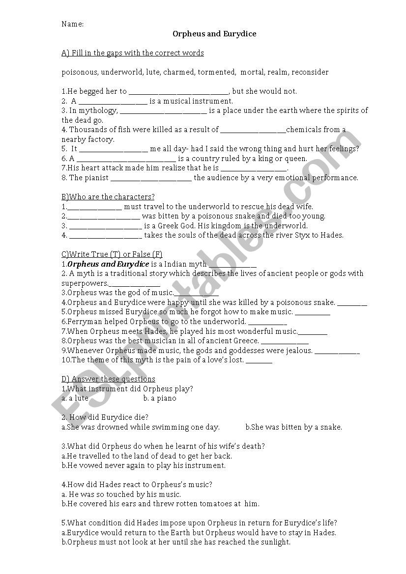 orpheus and eurydice worksheet