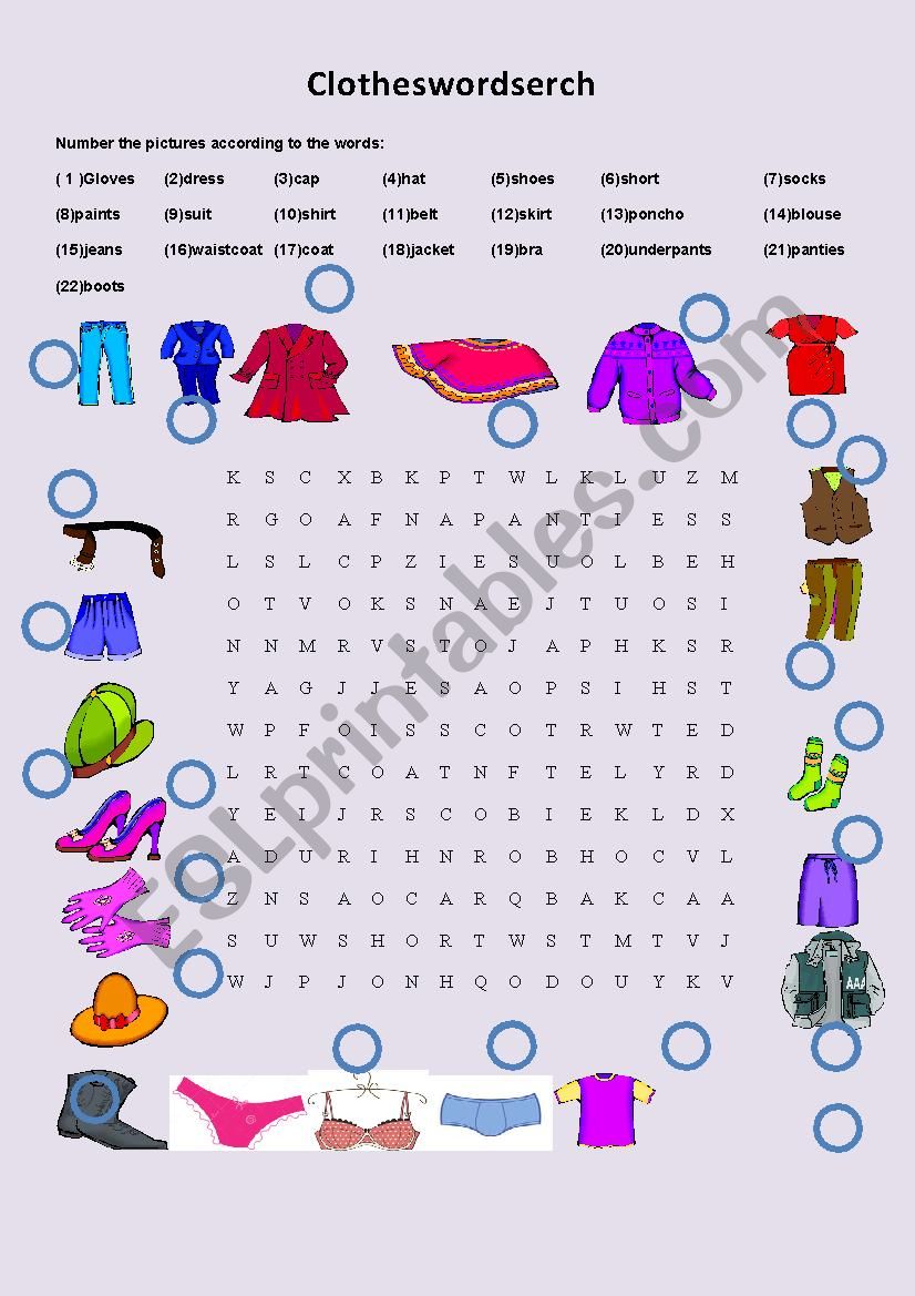 Clothes wordseach worksheet