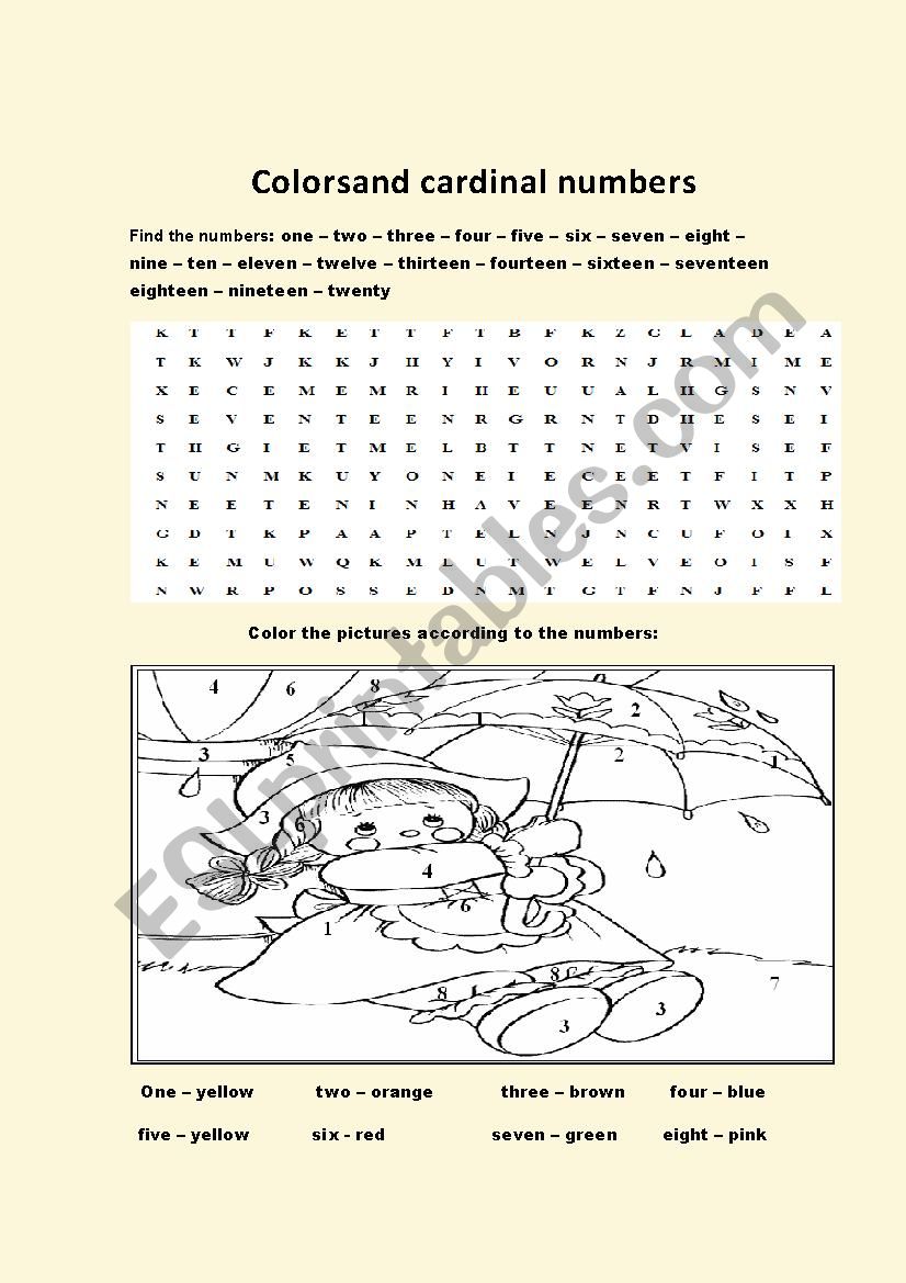 Color and cardinal numbers wordsearch