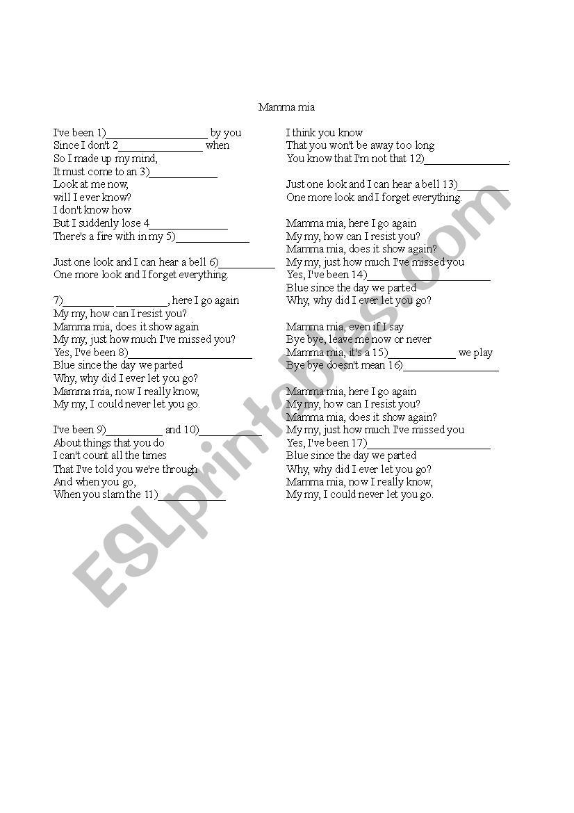 Mama Mia by Abba - Awesome Song Worksheet with Key