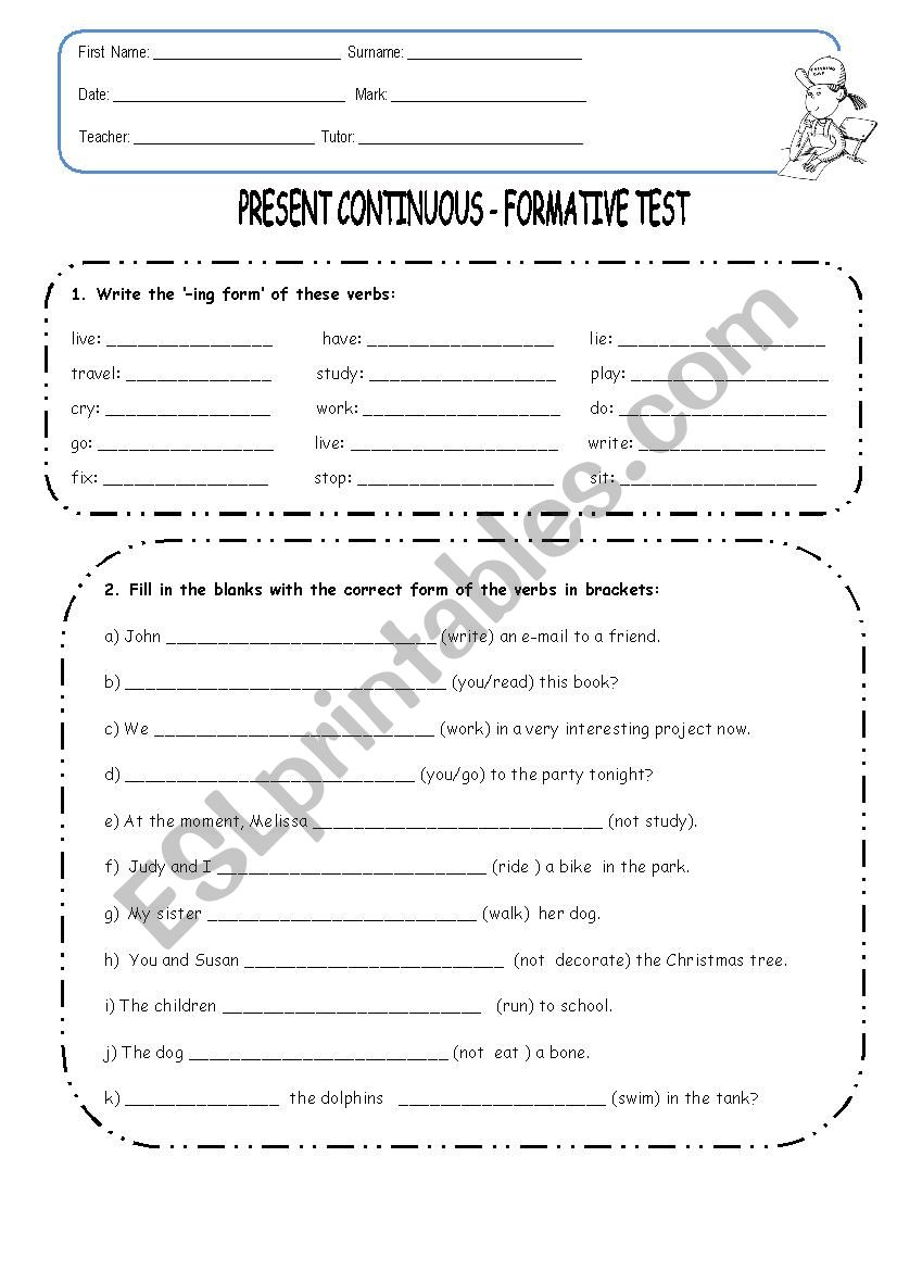 Formative test worksheet