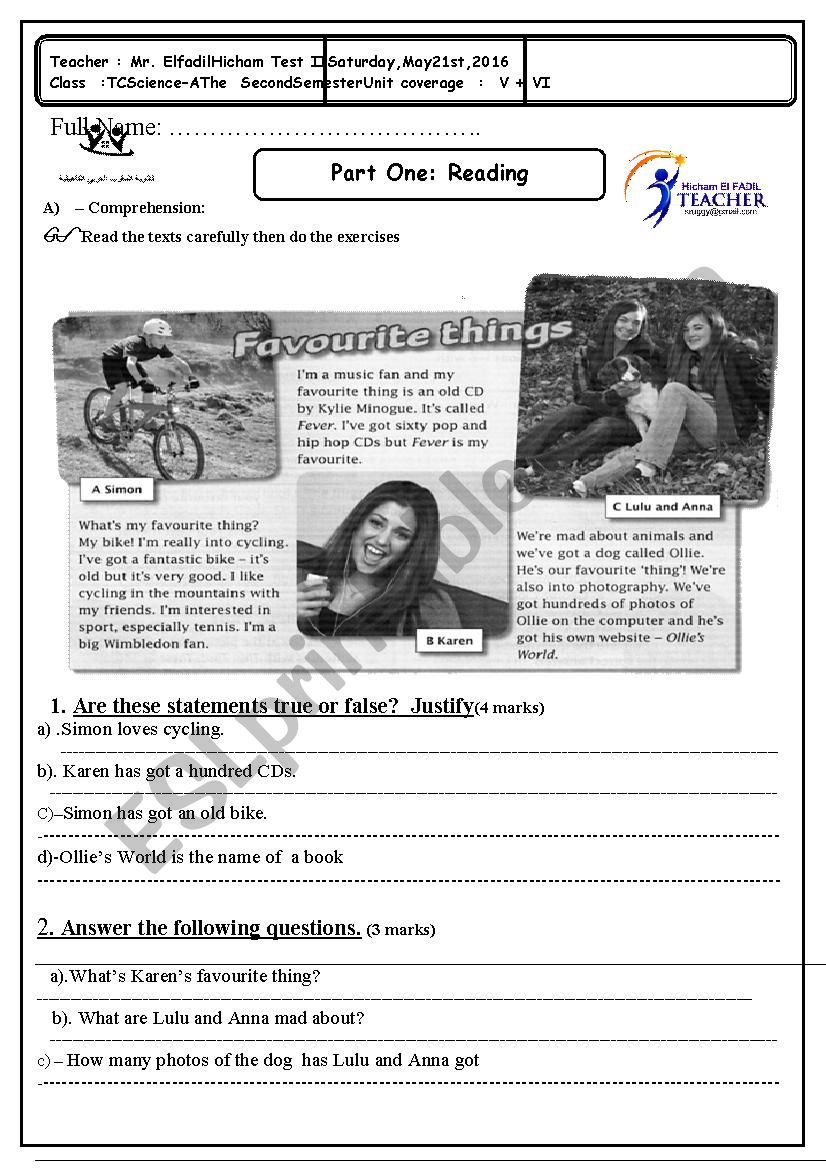 Test 2 Pastimes worksheet