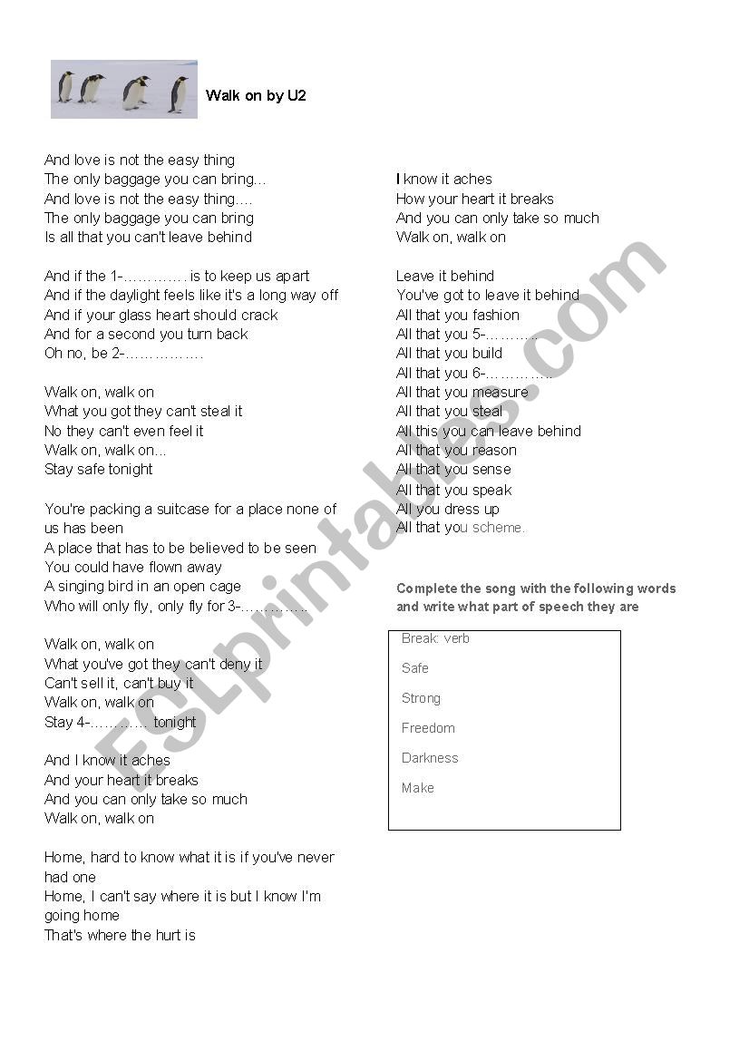 Walk on by U2 worksheet