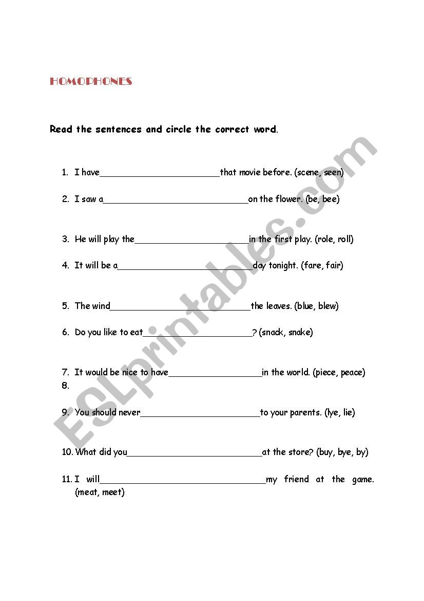 homophones worksheet