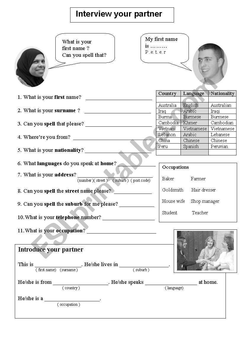 Interview your partner worksheet