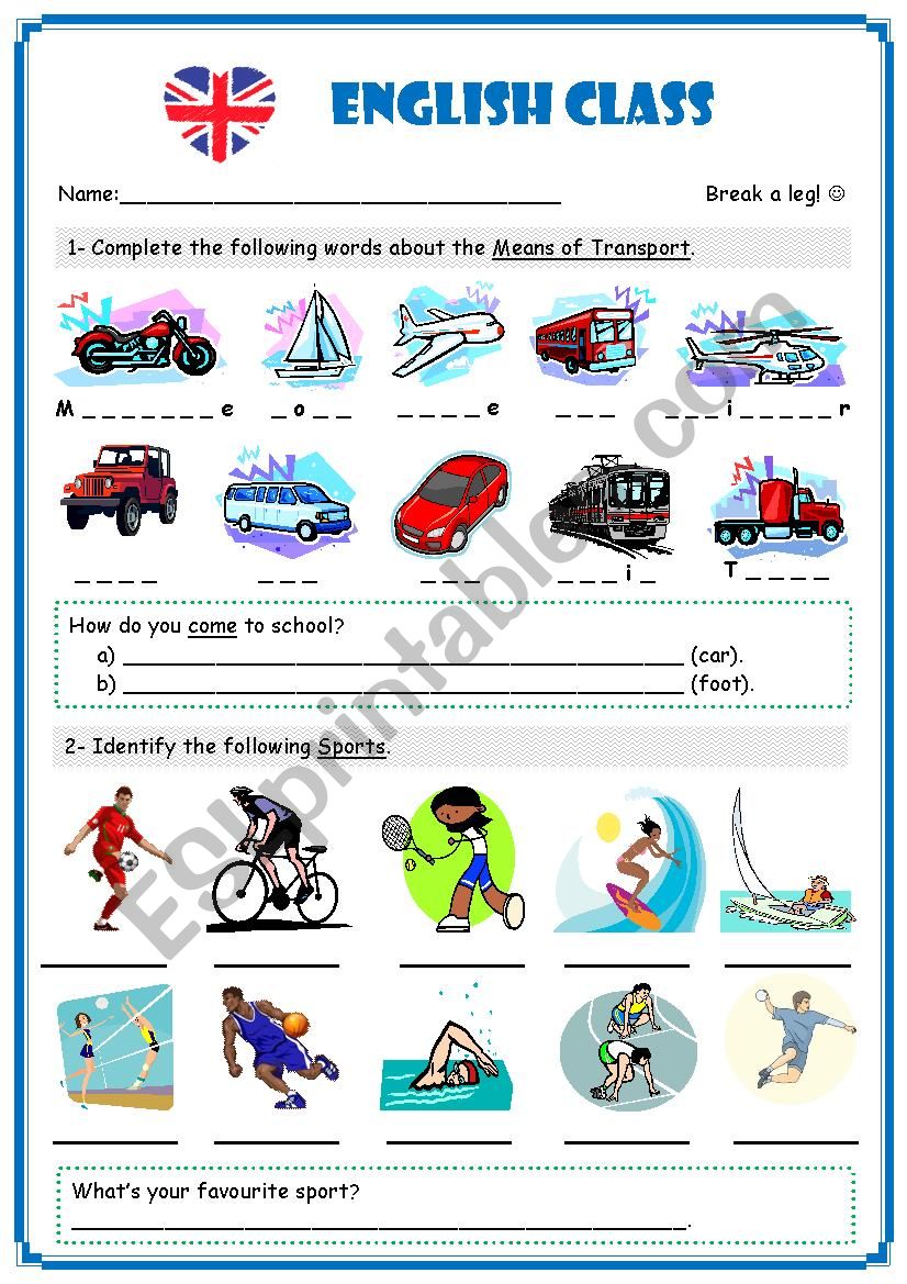 Transports and Sports worksheet