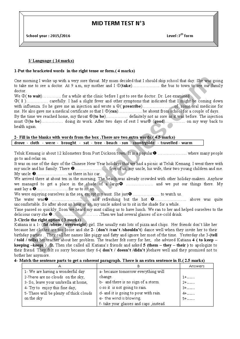 mid term test n3 7th formers worksheet