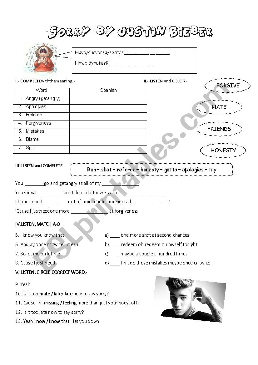 sorry by justin bieber worksheet