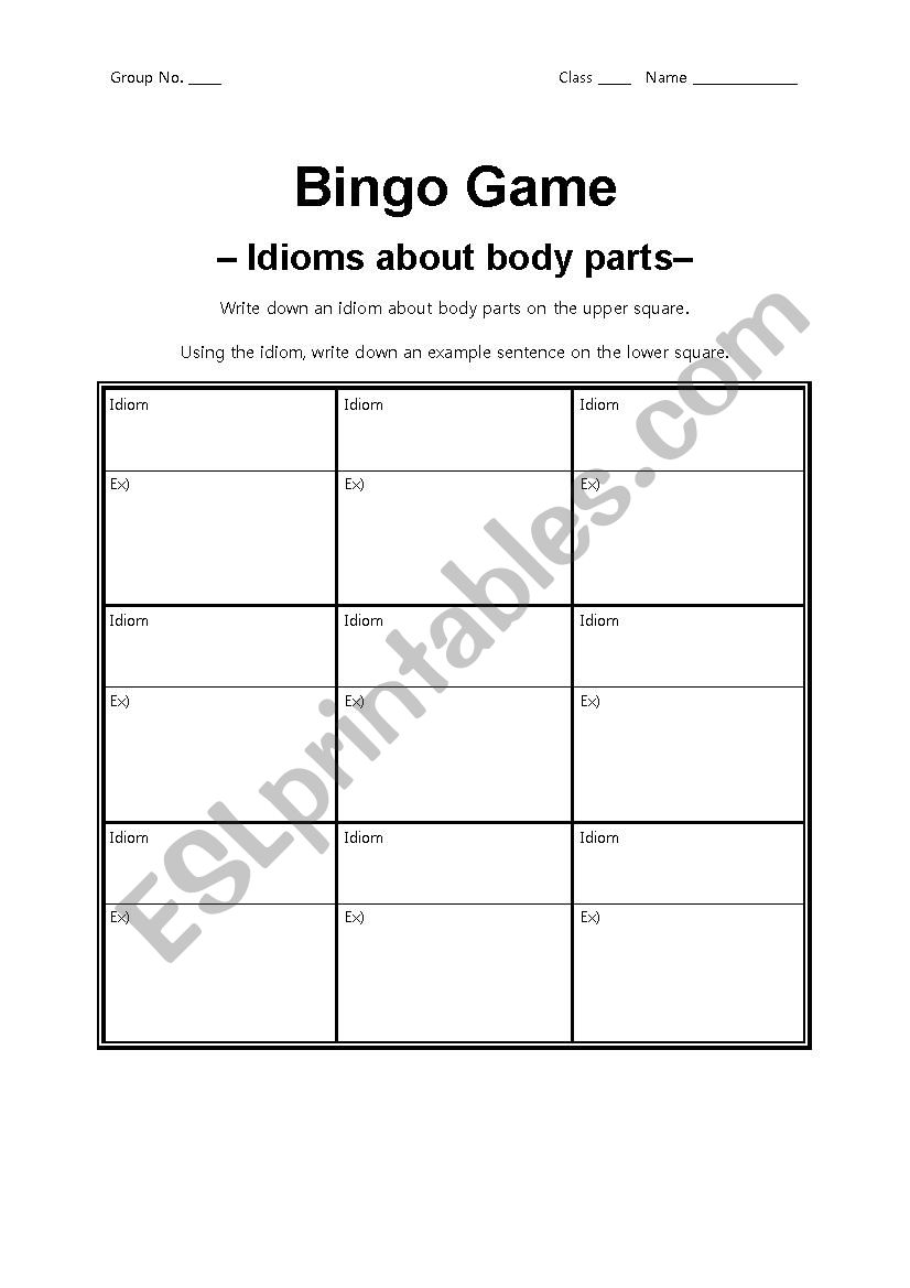 Bingo Game - Body Parts Idiom worksheet